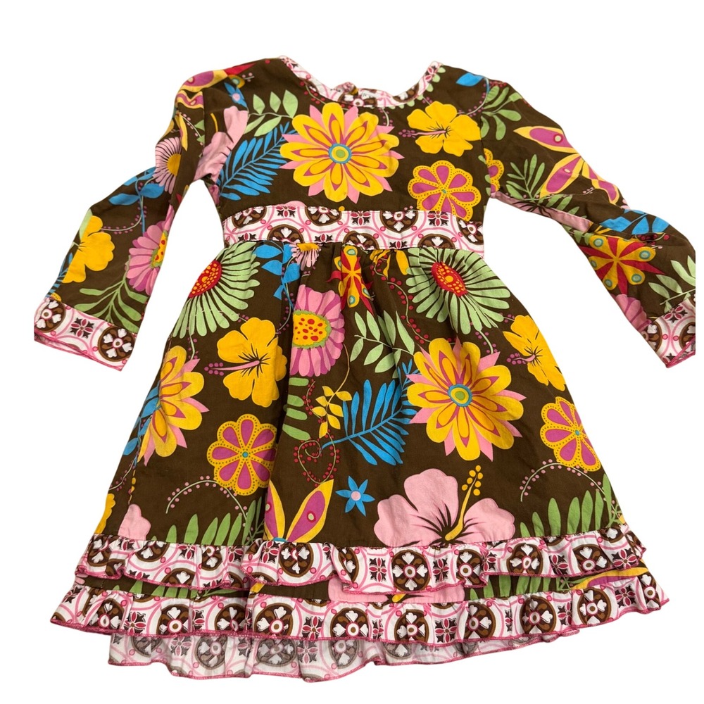 Ann Loren Girls Brown Floral Long Sleeve Ruffle Hem Dress Sash Tie Back 4/5T